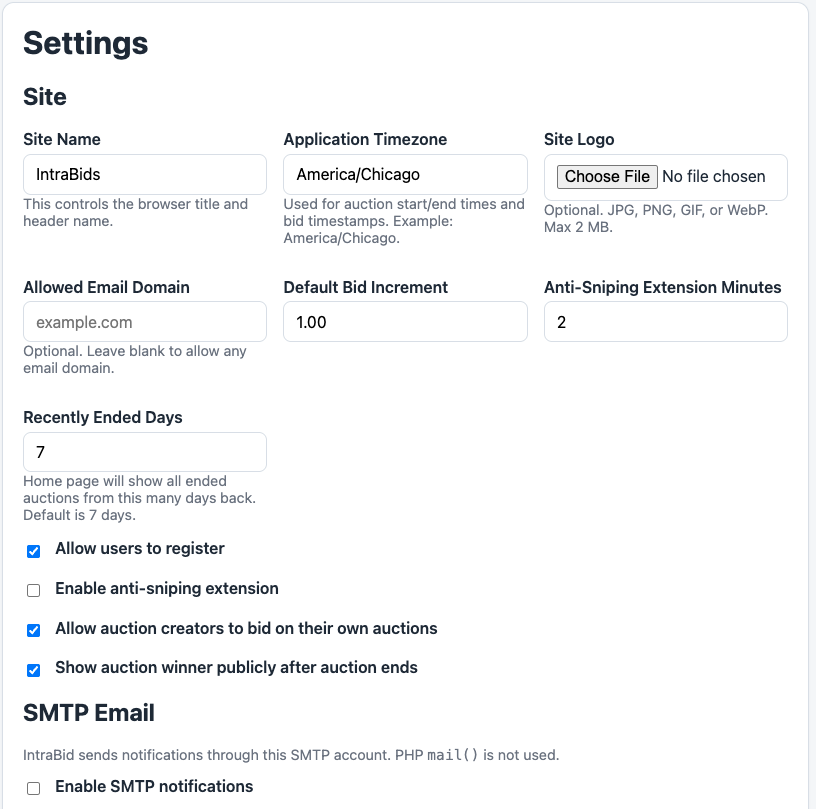 IntraBids admin settings page